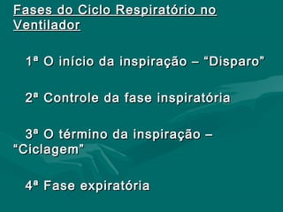 Fases do Ciclo Respiratório noFases do Ciclo Respiratório no
VentiladorVentilador
1ª O início da inspiração – “Disparo”1ª O início da inspiração – “Disparo”
2ª Controle da fase inspiratória2ª Controle da fase inspiratória
3ª O término da inspiração –3ª O término da inspiração –
“Ciclagem”“Ciclagem”
4ª Fase expiratória4ª Fase expiratória
 