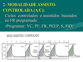 Ciclos controlados e assistidos baseadosCiclos controlados e assistidos baseados
na FR programada.na FR programada.
•Programar: VC, PF, FR, PEEP, S, FiOProgramar: VC, PF, FR, PEEP, S, FiO22..
 