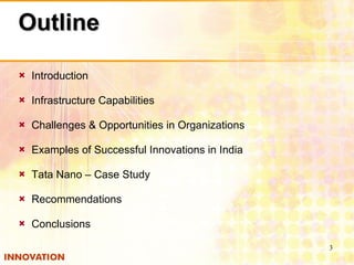 Outline Introduction Infrastructure Capabilities Challenges & Opportunities in Organizations Examples of Successful Innovations in India Tata Nano – Case Study Recommendations Conclusions 