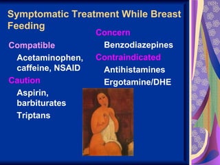 Symptomatic Treatment While Breast
Feeding
                   Concern
Compatible          Benzodiazepines
 Acetaminophen,    Contraindicated
 caffeine, NSAID    Antihistamines
Caution             Ergotamine/DHE
 Aspirin,
 barbiturates
 Triptans
 