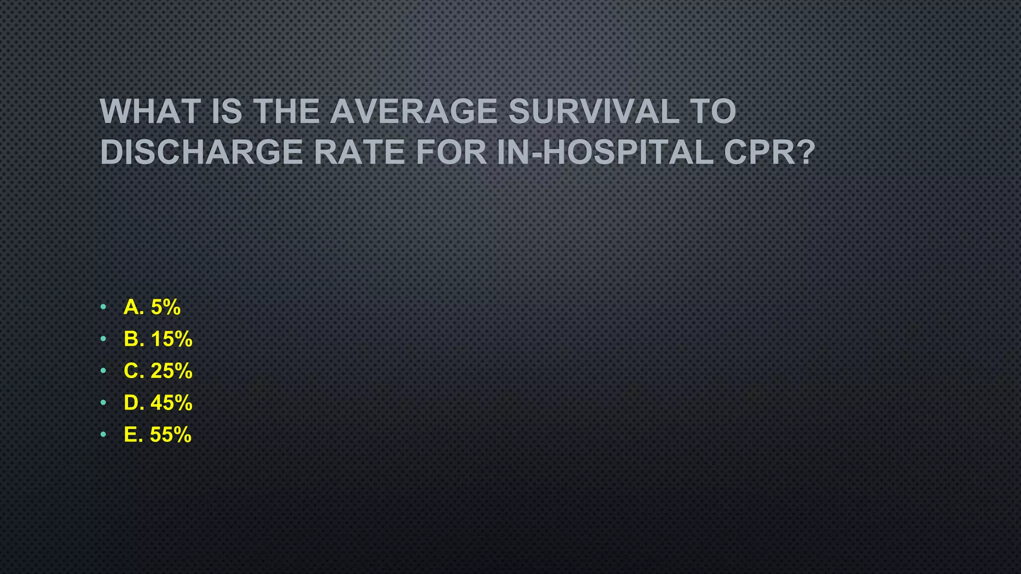 WHAT IS THE AVERAGE SURVIVAL TO
DISCHARGE RATE FOR IN-HOSPITAL CPR?
• A. 5%
• B. 15%
• C. 25%
• D. 45%
• E. 55%
 