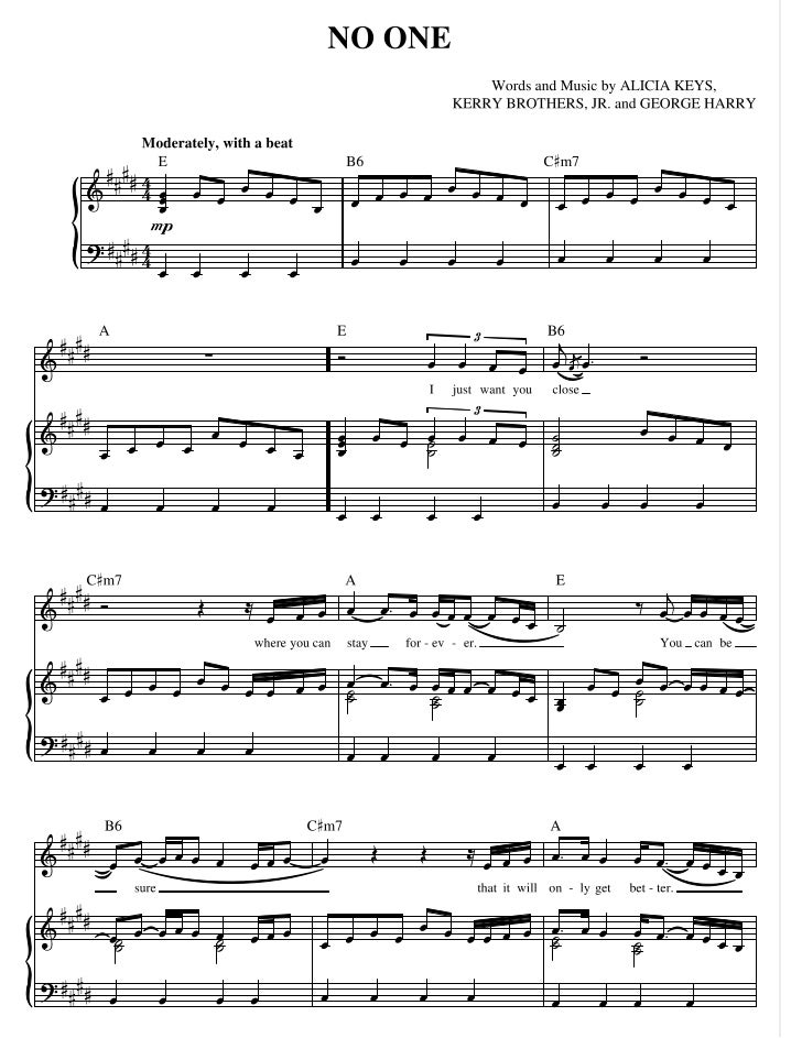 no one by alicia keys piano sheet no one sheet music