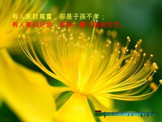 有人家財萬貫，卻是子孫不孝； 
有人看似好命，卻是一輩子腦袋空空。
 