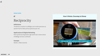 14
NOONIC GUIDES
Reciprocity
Definizione
Tendenza a sentirsi in obbligo con le altre persone se
queste hanno fatto prima qualcosa per noi.
Applicazione di Digital Marketing
Dare qualcosa di gratuito agli utenti per creare senso
d'obbligo nei loro confronti.
Esempio
Ebook , Video tutorial.
 