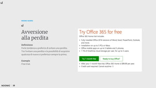 25
NOONIC GUIDES
Avversione
alla perdita
Definizione
Forte tendenza a preferire di evitare una perdita.
Tra l’evitare una perdita e la possibilità di acquisire
qualcosa di nuovo si preferisce sempre la prima.
Esempio
Free trial.
 