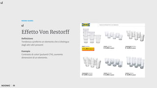 31
NOONIC GUIDES
Effetto Von Restorff
Definizione
Tendenza a preferire un elemento che si distingue
dagli altri altri presenti
Esempio
Contrasto di colori (pulsanti CTA), aumento
dimensioni di un elemento.
 