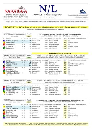 Horses listed in Alf's preference order
Selections on blue zone
Pgm HORSE NAME Days M/Eq Dist SRP JOCKEY Saratoga Meeting %Win A/S Wgt.AA
Nl/lL
3 Sudden Surprise 29 L 97 Velazquez J R 2 C 121 Pletcher Todd A
G
a
4/5 .(3)
4 Manipulated 41 90 Saez L 2 C 121 Jerkens James A 9/5 .(4) Sharp Workout
1 No Entiendo 18 L 67 Velasquez C H 2 C 121 Rodriguez Rudy R
M
o
5/1 .(1)
2 Dr. Shane 41 L1 68 Franco M 2 C 121 Esler Nicholas 7/1 .(2) Sharp Workout
5 Guaranteed 9 L 48 Carmouche K 2 C 117 Cash Russell J
D
o
20/1 .(5)
Pgm HORSE NAME Days M/Eq Dist SRP JOCKEY Saratoga Meeting %Win A/S Wgt.AA
Nl/lL
3 Sax Change 26 L 52 Hernandez R M 2 C 119 Contessa Gary C
G
a
2/1 .(3)
2 Forever in Love L1 FTS Ortiz J L 2 C 119 Rice Linda 3/1 .(2) Hot Trainer/Jockey Combo
6 Ro Bear L1 FTS Alvarado J 2 G 119 Schettino Dominick
P
l
4/1 .(6) Sharp Workout
1 There Goes Ben 26 L 30 Rodriguez I O 2 C 119 Rodriguez Rudy R
M
o
6/1 .(1)
8 Bluff Harbor FTS Franco M 2 C 119 Weaver George 6/1 .(8)
5 Squashville Road FTS Carmouche K 2 G 119 Kingsley, Jr Archibald J
D
o
12/1 .(5)
7 High Noon Cocktail 9 41 Cancel E 2 C 114..
5
McPeek Kenneth G 15/1 .(7)
Big East Weaver George .(4) Scratched (Main-Track-Only)
Pgm HORSE NAME Days M/Eq Dist SRP JOCKEY Saratoga Meeting %Win A/S Wgt.AA
Nl/lL
1 Temper Mint Patty 56 L 91 Velazquez J R 3 F 124 Pletcher Todd A
M
o
8/5 .(1)
3 Conquest Superstep 14 L D1 97 Bridgmohan S X 3 F 119 Casse Mark E
G
a
8/5 .(3)
5 Freudie Anne 15 L 82 Ortiz J L 3 F 124 Kenneally Eddie
D
o
5/1 .(5)
4 Jc's Shooting Star 14 L 76 Franco M 3 F 117 Donk David G 12/1 .(4)
2 Congaroo 14 L 70 Rodriguez P A 3 F 121 Englehart Jeremiah C 15/1 .(2)
Pgm HORSE NAME Days M/Eq Dist SRP JOCKEY Saratoga Meeting %Win A/S Wgt.AA
Nl/lL
4 True Bet 47 L 91 Velazquez J R 3 G 119 Dilger Michael 5/2 .(4)
2 Lead by Example 25 L 83 Ortiz J L 3 C 119 Clement Christophe 5/2 .(2) Hot Trainer
6 Scorecard Harry 25 L 74 Alvarado J 3 C 119 Ferraro Michael S
P
l
9/2 .(6)
7 Dettifoss 25 L 75 Hernandez R M 3 G 119 Brown Bruce R 5/1 .(7)
1 Mascarello 23 L 66 Ortiz, Jr I 3 G 119 Bond H James
M
o
5/1 .(1) Hot Jockey
5 Interior Secretary 56 L1 47 Franco M 3 G 119 Weaver George
D
o
12/1 .(5) Sharp Workout
3 Bustin the Bank 32 L 63 Carmouche K 3 G 119 Donk David G
G
a
12/1 .(3)
NOON LINE by Alfonso Rodriguez Vera
ALF's BEST BETS: 4 She's All Ready (N/L: 4/5, 5th Race), 3 King Kreesa (N/L: 2/5, 7th Race), 9 Discreet Marq (N/L: 1/2, 9th Race)
.1:00 ET
FRIDAY, AUGUST 28, 2015
Please check numbers with an official program prior to wagering
Days: Days since last race M = Medication L = Lasix L1 = First Time Lasix Dist: Distance winner X times A/S: Age/Sex Wgt: Weight AA: Apprentice Allowance
Eq = Equipment change on = blinkers on off = blinkers off SRP: Speed Rating Projection, by Peter Karam FTS: First Time Starter Pgm: Program number
MAIDEN SPECIAL WEIGHT
.2:06 ET
TRAINER Saratoga Meeting %Win
N1/1L
6 1/2 Furlongs. Dirt. 2YO. New York-bred. THE FUNNY CIDE. Purse: $200,000
Follow me on Twitter: @ARodriguezVera
SARATOGA / Fri August 28, 2015
DIRT TRACK: FAST - TURF: FIRM
NOON LINE (N/L) offers a realistic quotes that will enable a true comparison with the real odds minutes before the start of a race
SARATOGA / Fri August 28, 2015
SARATOGA / Fri August 28, 2015
TRAINER Saratoga Meeting %Win
TRAINER Saratoga Meeting %Win
Race 4
Race 1
Alf's Pick 4 ($12): 3-2-6 / 1-3 / 4-2 / 4
.1:33 ET
Exacta, Trifecta (.50), Super (.10), Pick 3 Races (3-5), Double Wagers
MAIDEN SPECIAL WEIGHT
THE FUNNY CIDE
TRAINER Saratoga Meeting %Win
6 1/2 Furlongs. Dirt. 3YO&Up. New York-bred. Maiden Special Weight. Purse: $83,000
Race 2SARATOGA / Fri August 28, 2015
Exacta, Quinella, Trifecta (.50), Super (.10), Pick 3 Races (2-4) Pick 4 (.50) Races (2-5), Double Wagers
THE FLEET INDIAN
Exacta, Trifecta (.50), Super (.10), Pick 3 Races (1-3), Pick 5 (Races 1-5) Double Wagers
1 1/16 Miles. Inner turf. 2YO. New York-bred. Maiden Special Weight 83k. Purse: $83,000
.2:39 ET
1 1/8 Miles. Dirt. 3YO. Fillies. New York-bred. THE FLEET INDIAN. Purse: $200,000Race 3
Exacta, Quinella, Trifecta (.50), Super (.10), Pick 3 Races (4-6), Double Wagers
(Pgm) COMMENTS / HANDICAPPING ANGLES
(Pgm) COMMENTS / HANDICAPPING ANGLES
(Pgm) COMMENTS / HANDICAPPING ANGLES
(Pgm) COMMENTS / HANDICAPPING ANGLES
 