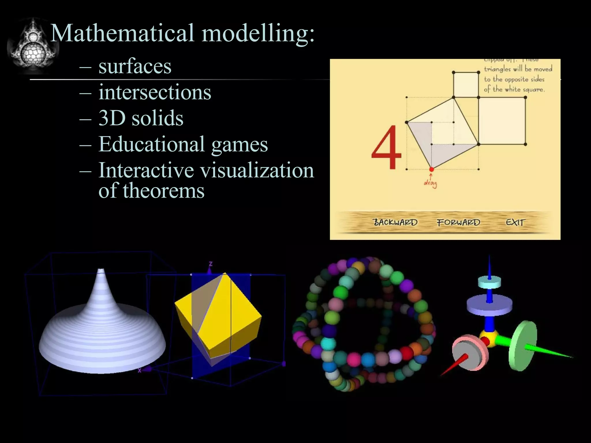 Elica Applications -  3 Mathematical modelling: surfaces intersections 3D solids Educational games Interactive visualization of theorems 
