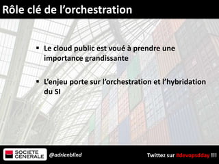 @adrienblind Twittez sur #devopsdday !!!
 Le cloud public est voué à prendre une
importance grandissante
 L’enjeu porte sur l’orchestration et l’hybridation
du SI
Rôle clé de l’orchestration
 