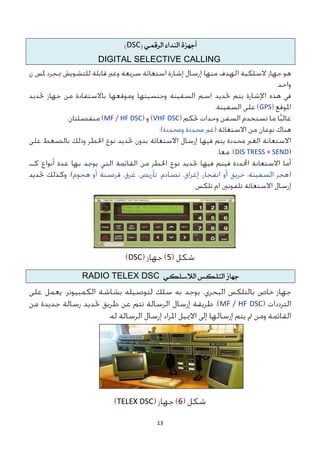 13
َ‫أجَص‬
‫اليداء‬
ٌ‫السقن‬
(
DSC
)
DIGITAL SELECTIVE CALLING
GPS
VHF DSC
MF / HF DSC
DIS TRESS + SEND
5
DSC
‫جَاش‬
‫التللظ‬
ٌ‫الالضلل‬
RADIO TELEX DSC
MF / HF DSC
6
TELEX DSC
 
