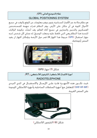 14
‫ىظاو‬
‫التنىضع‬
ٌ‫العامل‬
(
GPS
)
GLOBAL POSITIONING SYSTEM
GPS
24
7
GPS
َ‫أجَص‬
‫االتصال‬
ًُ‫الالضلل‬
(
ٌ‫التلًفى‬
ٌ‫الالضلل‬
)
(
RT
)
RADIOTELEPHONE
VHF-HF-MF
8
 