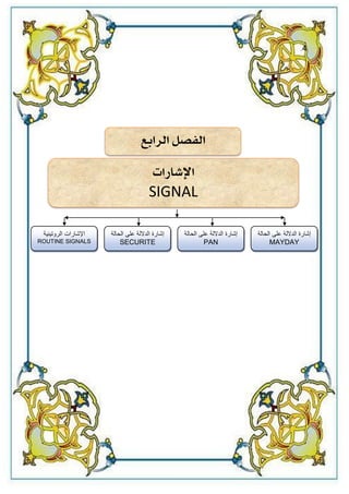 19
4
‫الرابع‬ ‫الفصل‬
‫اإل‬
‫اشارا‬
SIGNAL
‫إشارة‬
‫الداللة‬
‫على‬
‫الحالة‬
MAYDAY
‫إشارة‬
‫الداللة‬
‫على‬
‫الحالة‬
PAN
‫إشارة‬
‫الداللة‬
‫على‬
‫الحالة‬
SECURITE
‫اإلشارات‬
‫الروتٌنٌة‬
ROUTINE SIGNALS
 