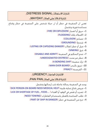 21
ُ‫االضتغاث‬ ‫إغازات‬
(
DISTRESS SIGNAL
)
َ‫إغاز‬
ُ‫احلال‬ ِ‫عل‬ ُ‫الدالل‬
(
MAYDAY
)
.
1
FIRE OR EXPLOSION
2
FLOODING
3
COLLISION
4
GROUNDING
5
LISTING OR CAPSIZING DANGER
6
SINKING
7
DISABLE AND ADRIFT
8
UNDESIGNATED DISTRESS
9
A BONDING SHIP
11
MAN OVER BOARD
11
PIRACY
‫اإلغازات‬
ُ‫العاجل‬
(
URGENCY
)
َ‫إغاز‬
ُ‫الدالل‬
ِ‫عل‬
ُ‫احلال‬
(
PAN. PAN
)
1
SICK PERSON ON BOARD NEED MEDICAL HELP
2
LICK OR SHORTAGE OF FUEL , FOOD….
3
NEED TOWING
4
PART OF SHIP IN DANGER
 
