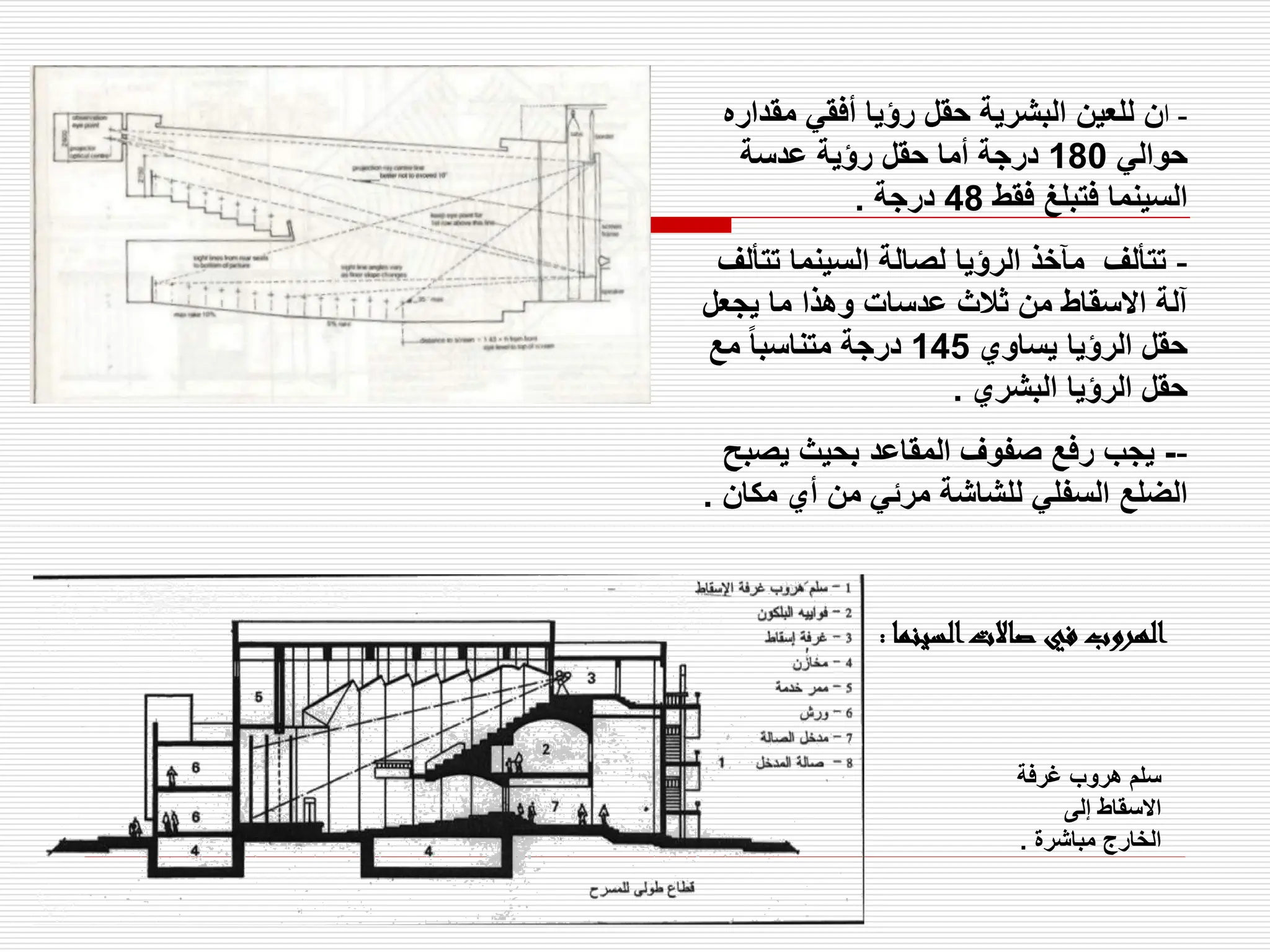 -
‫ا‬
‫مقد‬ ‫أفقي‬ ‫رؤيا‬ ‫حقل‬ ‫البشرية‬ ‫للعين‬ ‫ن‬
‫اره‬
‫حوالي‬
180
‫عدسة‬ ‫رؤية‬ ‫حقل‬ ‫أما‬ ‫درجة‬
‫فقط‬ ‫فتبلغ‬ ‫السينما‬
48
‫درجة‬
.
-
‫تت‬ ‫السينما‬ ‫لصالة‬ ‫الرؤيا‬ ‫مآخذ‬ ‫تتألف‬
‫ألف‬
‫يجعل‬ ‫ما‬ ‫وهذا‬ ‫عدسات‬ ‫ثالث‬ ‫من‬ ‫االسقاط‬ ‫آلة‬
‫يساوي‬ ‫الرؤيا‬ ‫حقل‬
145
‫مع‬ ً‫ا‬‫متناسب‬ ‫درجة‬
‫البشري‬ ‫الرؤيا‬ ‫حقل‬
.
-
-
‫يص‬ ‫بحيث‬ ‫المقاعد‬ ‫صفوف‬ ‫رفع‬ ‫يجب‬
‫بح‬
‫مك‬ ‫أي‬ ‫من‬ ‫مرئي‬ ‫للشاشة‬ ‫السفلي‬ ‫الضلع‬
‫ان‬
.
‫السين‬‫صاالت‬ ‫في‬ ‫الهروب‬
‫ما‬
:
‫غرفة‬ ‫هروب‬ ‫سلم‬
‫إلى‬ ‫االسقاط‬
‫مباشرة‬ ‫الخارج‬
.
 