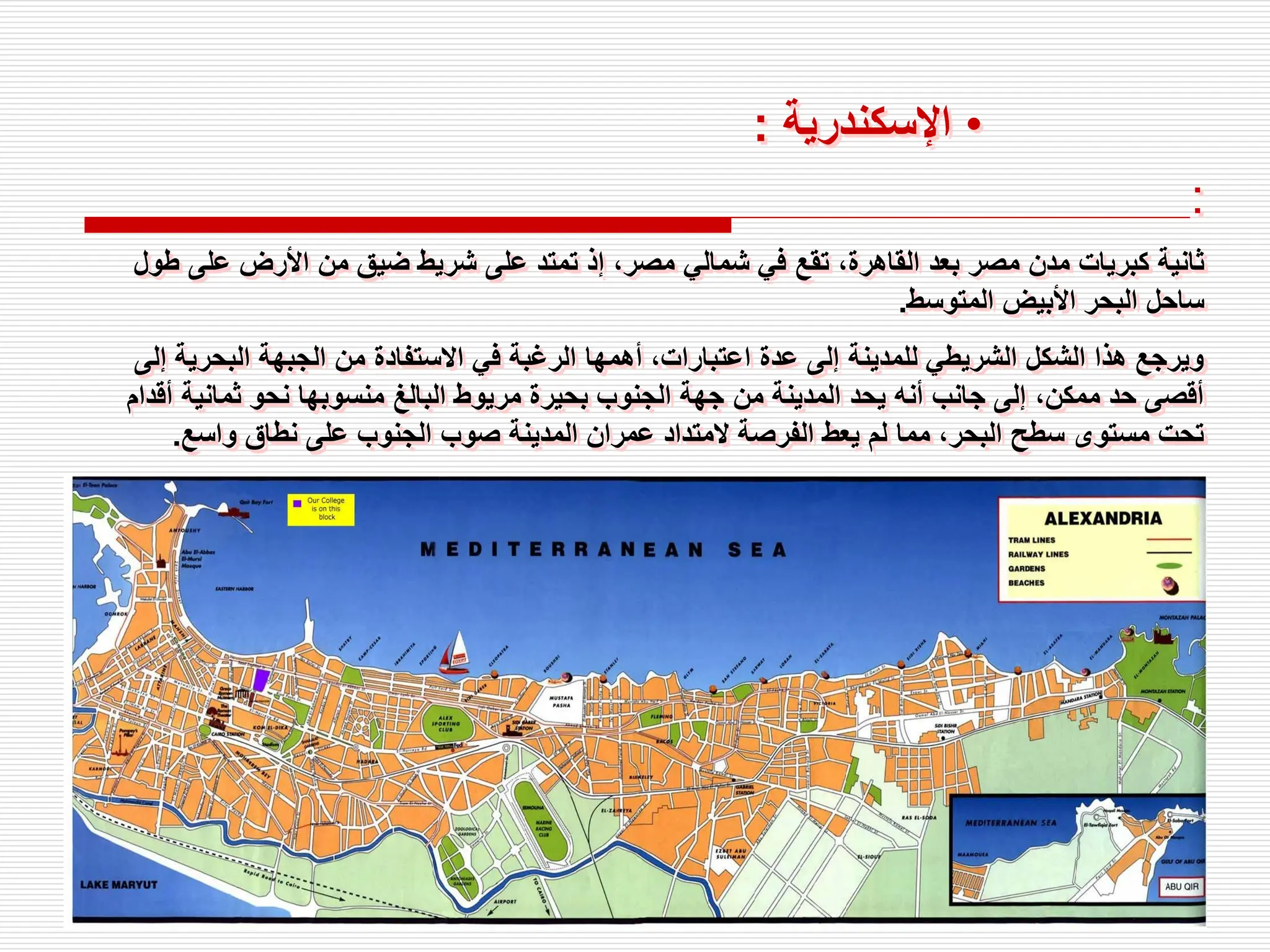 :
‫تقع‬ ،‫القاهرة‬ ‫بعد‬ ‫مصر‬ ‫مدن‬ ‫كبريات‬ ‫ثانية‬
‫على‬ ‫األرض‬ ‫من‬ ‫ضيق‬ ‫شريط‬ ‫على‬ ‫تمتد‬ ‫إذ‬ ،‫مصر‬ ‫شمالي‬ ‫في‬
‫طول‬
‫المتوسط‬ ‫األبيض‬ ‫البحر‬ ‫ساحل‬
.
‫البحري‬ ‫الجبهة‬ ‫من‬ ‫االستفادة‬ ‫في‬ ‫الرغبة‬ ‫أهمها‬ ،‫اعتبارات‬ ‫عدة‬ ‫إلى‬ ‫للمدينة‬ ‫الشريطي‬ ‫الشكل‬ ‫هذا‬ ‫ويرجع‬
‫إلى‬ ‫ة‬
‫ثمانية‬ ‫نحو‬ ‫منسوبها‬ ‫البالغ‬ ‫مريوط‬ ‫بحيرة‬ ‫الجنوب‬ ‫جهة‬ ‫من‬ ‫المدينة‬ ‫يحد‬ ‫أنه‬ ‫جانب‬ ‫إلى‬ ،‫ممكن‬ ‫حد‬ ‫أقصى‬
‫أقدام‬
‫واسع‬ ‫نطاق‬ ‫على‬ ‫الجنوب‬ ‫صوب‬ ‫المدينة‬ ‫عمران‬ ‫المتداد‬ ‫الفرصة‬ ‫يعط‬ ‫لم‬ ‫مما‬ ،‫البحر‬ ‫سطح‬ ‫مستوى‬ ‫تحت‬
.
•
‫اإلسكندرية‬
:
 