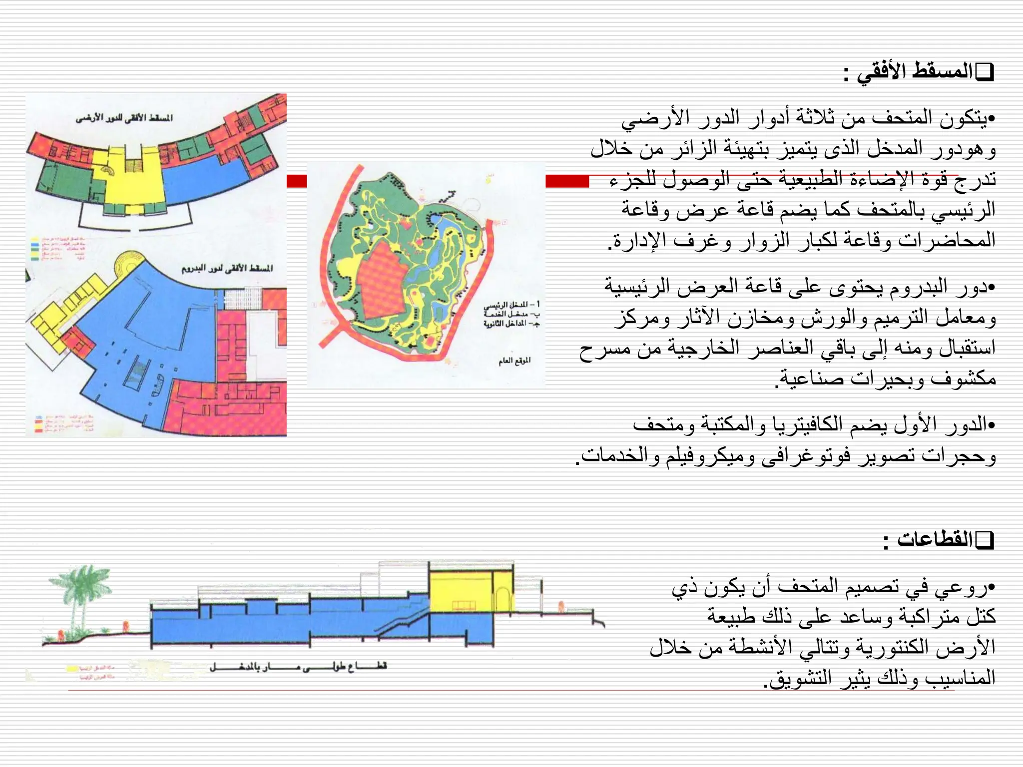 
‫األفقي‬ ‫المسقط‬
:
•
‫األرضي‬ ‫الدور‬ ‫أدوار‬ ‫ثالثة‬ ‫من‬ ‫المتحف‬ ‫يتكون‬
‫خالل‬ ‫من‬ ‫الزائر‬ ‫بتهيئة‬ ‫يتميز‬ ‫الذى‬ ‫المدخل‬ ‫وهودور‬
‫للجزء‬ ‫الوصول‬ ‫حتى‬ ‫الطبيعية‬ ‫اإلضاءة‬ ‫قوة‬ ‫تدرج‬
‫يضم‬ ‫كما‬ ‫بالمتحف‬ ‫الرئيسي‬
‫قاع‬
‫ة‬
‫وقاعة‬ ‫عرض‬
‫الزوار‬ ‫لكبار‬ ‫وقاعة‬ ‫المحاضرات‬
‫اإلدارة‬ ‫وغرف‬
.
•
‫البدروم‬ ‫دور‬
‫الرئيسي‬ ‫العرض‬ ‫قاعة‬ ‫على‬ ‫يحتوى‬
‫ة‬
‫ومركز‬ ‫اآلثار‬ ‫ومخازن‬ ‫والورش‬ ‫الترميم‬ ‫ومعامل‬
‫استقبال‬
‫مس‬ ‫من‬ ‫الخارجية‬ ‫العناصر‬ ‫باقي‬ ‫إلى‬ ‫ومنه‬
‫رح‬
‫صناعية‬ ‫وبحيرات‬ ‫مكشوف‬
.
•
‫يضم‬ ‫األول‬ ‫الدور‬
‫ومتحف‬ ‫والمكتبة‬ ‫الكافيتريا‬
‫والخ‬ ‫وميكروفيلم‬ ‫فوتوغرافى‬ ‫تصوير‬ ‫وحجرات‬
‫دمات‬
.

‫القطاعات‬
:
•
‫ذي‬ ‫يكون‬ ‫أن‬ ‫المتحف‬ ‫تصميم‬ ‫في‬ ‫روعي‬
‫طبيعة‬ ‫ذلك‬ ‫على‬ ‫وساعد‬ ‫متراكبة‬ ‫كتل‬
‫خ‬ ‫من‬ ‫األنشطة‬ ‫وتتالي‬ ‫الكنتورية‬ ‫األرض‬
‫الل‬
‫التشويق‬ ‫يثير‬ ‫وذلك‬ ‫المناسيب‬
.
 
