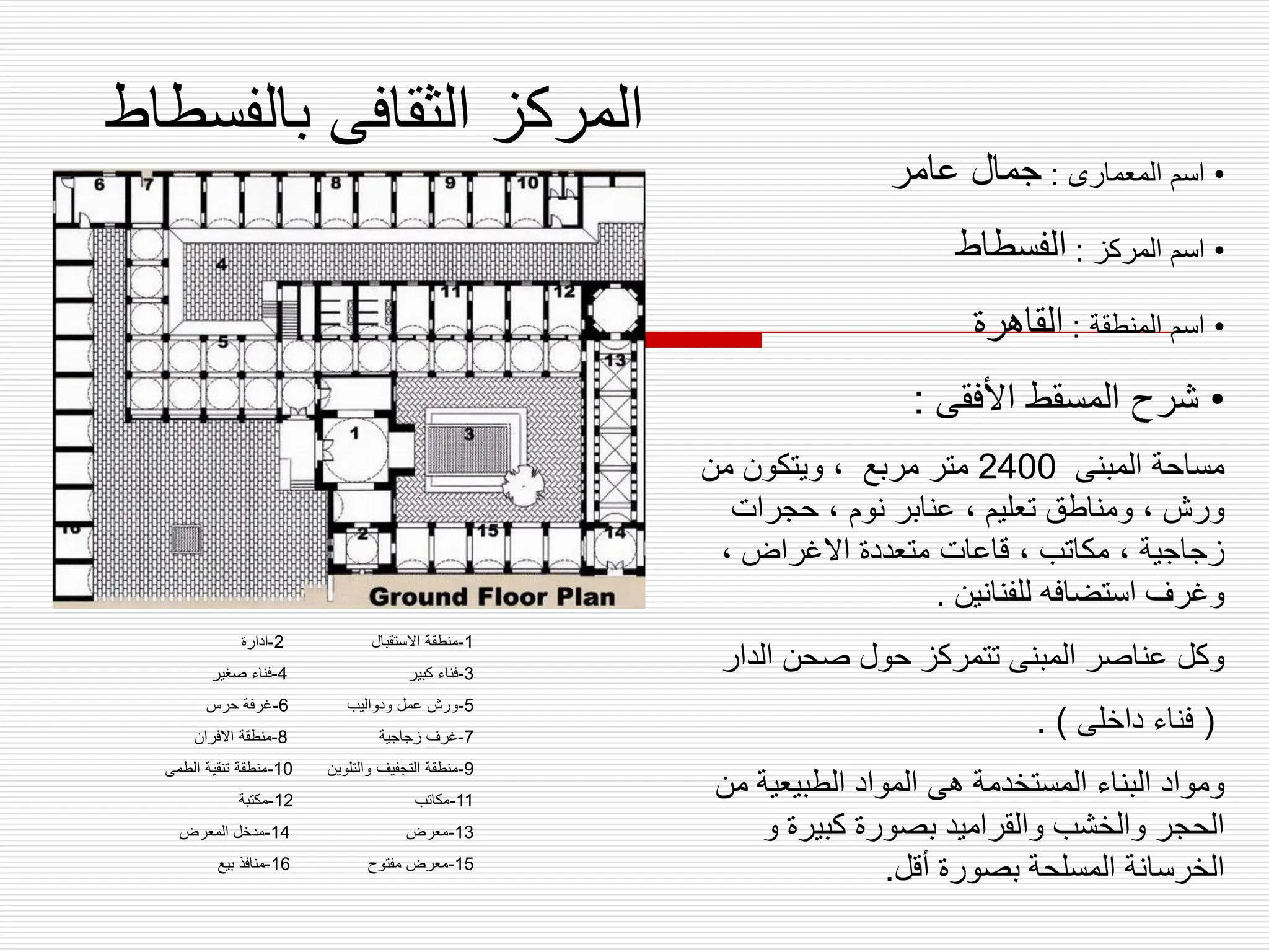 ‫بالفسطاط‬ ‫الثقافى‬ ‫المركز‬
•
‫المعمارى‬ ‫اسم‬
:
‫عامر‬ ‫جمال‬
•
‫المركز‬ ‫اسم‬
:
‫الفسطاط‬
•
‫المنطقة‬ ‫اسم‬
:
‫القاهرة‬
•
‫األفقى‬ ‫المسقط‬ ‫شرح‬
:
‫المبنى‬ ‫مساحة‬
2400
‫من‬ ‫ويتكون‬ ، ‫مربع‬ ‫متر‬
‫حجرات‬ ، ‫نوم‬ ‫عنابر‬ ، ‫تعليم‬ ‫ومناطق‬ ، ‫ورش‬
، ‫االغراض‬ ‫متعددة‬ ‫قاعات‬ ، ‫مكاتب‬ ، ‫زجاجية‬
‫للفنانين‬ ‫استضافه‬ ‫وغرف‬
.
‫الدار‬ ‫صحن‬ ‫حول‬ ‫تتمركز‬ ‫المبنى‬ ‫عناصر‬ ‫وكل‬
(
‫داخلى‬ ‫فناء‬
. )
‫م‬ ‫الطبيعية‬ ‫المواد‬ ‫هى‬ ‫المستخدمة‬ ‫البناء‬ ‫ومواد‬
‫ن‬
‫و‬ ‫كبيرة‬ ‫بصورة‬ ‫والقراميد‬ ‫والخشب‬ ‫الحجر‬
‫أقل‬ ‫بصورة‬ ‫المسلحة‬ ‫الخرسانة‬
.
1
-
‫االستقبال‬ ‫منطقة‬
2
-
‫ادارة‬
3
-
‫كبير‬ ‫فناء‬
4
-
‫صغير‬ ‫فناء‬
5
-
‫ودواليب‬ ‫عمل‬ ‫ورش‬
6
-
‫حرس‬ ‫غرفة‬
7
-
‫زجاجية‬ ‫غرف‬
8
-
‫االفران‬ ‫منطقة‬
9
-
‫والتلوين‬ ‫التجفيف‬ ‫منطقة‬
10
-
‫الطمى‬ ‫تنقية‬ ‫منطقة‬
11
-
‫مكاتب‬
12
-
‫مكتبة‬
13
-
‫معرض‬
14
-
‫المعرض‬ ‫مدخل‬
15
-
‫مفتوح‬ ‫معرض‬
16
-
‫بيع‬ ‫منافذ‬
 