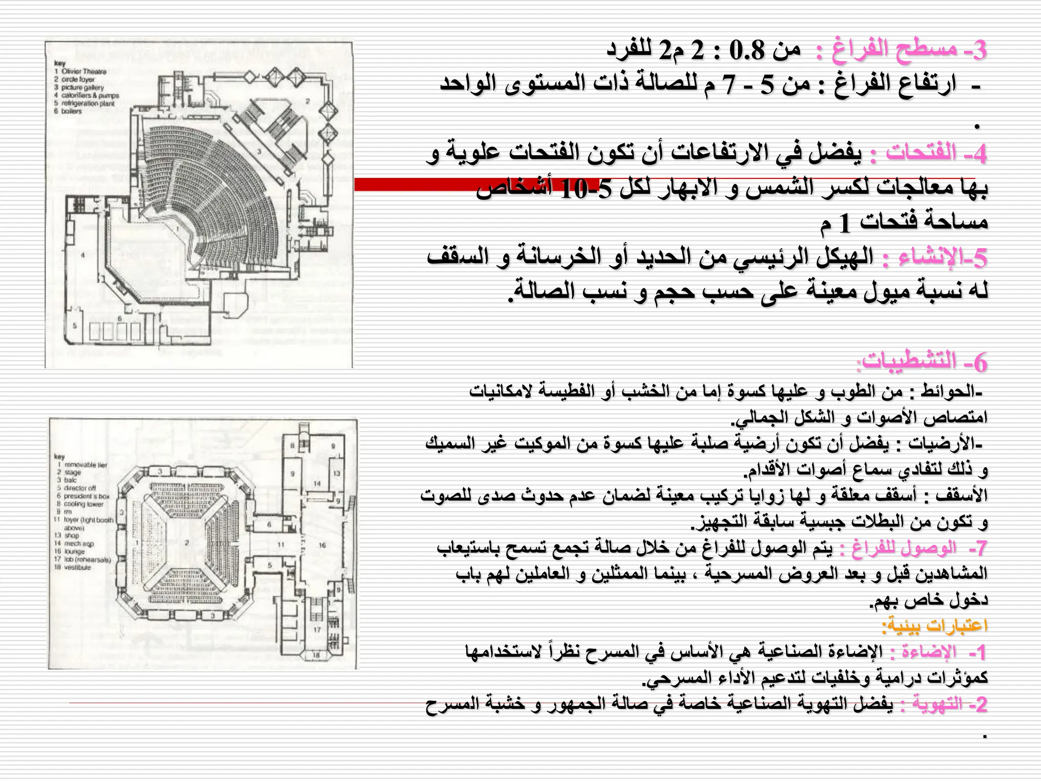 3
-
‫الفراغ‬ ‫مسطح‬
:
‫من‬
0.8
:
2
‫م‬
2
‫للفرد‬
-
‫الفراغ‬ ‫ارتفاع‬
:
‫من‬
5
-
7
‫الواحد‬ ‫المستوى‬ ‫ذات‬ ‫للصالة‬ ‫م‬
.
4
-
‫الفتحات‬
:
‫ع‬ ‫الفتحات‬ ‫تكون‬ ‫أن‬ ‫االرتفاعات‬ ‫في‬ ‫يفضل‬
‫و‬ ‫لوية‬
‫لكل‬ ‫االبهار‬ ‫و‬ ‫الشمس‬ ‫لكسر‬ ‫معالجات‬ ‫بها‬
5
-
10
‫أشخاص‬
‫فتحات‬ ‫مساحة‬
1
‫م‬
5
-
‫اإلنشاء‬
:
‫الس‬ ‫و‬ ‫الخرسانة‬ ‫أو‬ ‫الحديد‬ ‫من‬ ‫الرئيسي‬ ‫الهيكل‬
‫قف‬
‫الصالة‬ ‫نسب‬ ‫و‬ ‫حجم‬ ‫حسب‬ ‫على‬ ‫معينة‬ ‫ميول‬ ‫نسبة‬ ‫له‬
.
6
-
‫التشطيبات‬
:
-
‫الحوائط‬
:
‫المكانيات‬ ‫الفطيسة‬ ‫أو‬ ‫الخشب‬ ‫من‬ ‫إما‬ ‫كسوة‬ ‫عليها‬ ‫و‬ ‫الطوب‬ ‫من‬
‫الجمالي‬ ‫الشكل‬ ‫و‬ ‫األصوات‬ ‫امتصاص‬
.
-
‫األرضيات‬
:
‫ا‬ ‫غير‬ ‫الموكيت‬ ‫من‬ ‫كسوة‬ ‫عليها‬ ‫صلبة‬ ‫أرضية‬ ‫تكون‬ ‫أن‬ ‫يفضل‬
‫لسميك‬
‫األقدام‬ ‫أصوات‬ ‫سماع‬ ‫لتفادي‬ ‫ذلك‬ ‫و‬
.
‫األسقف‬
:
‫للص‬ ‫صدى‬ ‫حدوث‬ ‫عدم‬ ‫لضمان‬ ‫معينة‬ ‫تركيب‬ ‫زوايا‬ ‫لها‬ ‫و‬ ‫معلقة‬ ‫أسقف‬
‫وت‬
‫التجهيز‬ ‫سابقة‬ ‫جبسية‬ ‫البطالت‬ ‫من‬ ‫تكون‬ ‫و‬
.
7
-
‫للفراغ‬ ‫الوصول‬
:
‫باست‬ ‫تسمح‬ ‫تجمع‬ ‫صالة‬ ‫خالل‬ ‫من‬ ‫للفراغ‬ ‫الوصول‬ ‫يتم‬
‫يعاب‬
‫ب‬ ‫لهم‬ ‫العاملين‬ ‫و‬ ‫الممثلين‬ ‫بينما‬ ، ‫المسرحية‬ ‫العروض‬ ‫بعد‬ ‫و‬ ‫قبل‬ ‫المشاهدين‬
‫اب‬
‫بهم‬ ‫خاص‬ ‫دخول‬
.
‫بيئية‬ ‫اعتبارات‬
:
1
-
‫اإلضاءة‬
:
‫الستخدامها‬ ً‫ا‬‫نظر‬ ‫المسرح‬ ‫في‬ ‫األساس‬ ‫هي‬ ‫الصناعية‬ ‫اإلضاءة‬
‫المسرحي‬ ‫األداء‬ ‫لتدعيم‬ ‫وخلفيات‬ ‫درامية‬ ‫كمؤثرات‬
.
2
-
‫التهوية‬
:
‫ال‬ ‫خشبة‬ ‫و‬ ‫الجمهور‬ ‫صالة‬ ‫في‬ ‫خاصة‬ ‫الصناعية‬ ‫التهوية‬ ‫يفضل‬
‫مسرح‬
.
 