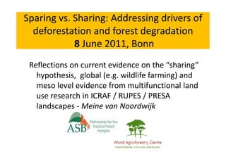 Sparing vs. Sharing: Addressing drivers of 
  deforestation and forest degradation
            8 June 2011 Bonn
              June 2011, Bonn
 Reflections on current evidence on the “sharing” 
   hypothesis, global (e.g. wildlife farming) and 
   meso level evidence from multifunctional land 
   use research in ICRAF / RUPES / PRESA 
   use research in ICRAF / RUPES / PRESA
   landscapes ‐ Meine van Noordwijk
 