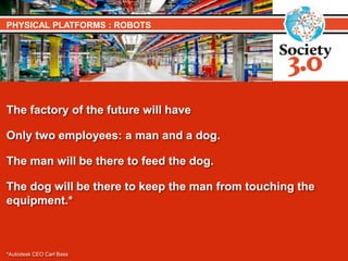 The factory of the future will have
Only two employees: a man and a dog.
The man will be there to feed the dog.
The dog will be there to keep the man from touching the
equipment.*
*Autodesk CEO Carl Bass
PHYSICAL PLATFORMS : ROBOTS
 