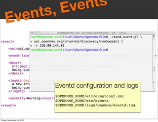 Eventd conﬁguration and logs
$OPENNMS_HOME/etc/eventconf.xml
$OPENNMS_HOME/etc/events
$OPENNMS_HOME/logs/daemon/eventd.log
Events, Events
Friday, November 26, 2010
 