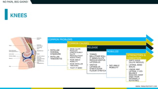 WWW.7MINUTESTOFIT.COM
NO PAIN, BIG GAINS!
COMMON PROBLEMS
• PATELLAR
FEMORAL
SYNDROME
• PATELLAR
TENDONITIS
COMMON CAUSES
• WEAK GLUTE
MUSCLES
(PARTICULARLY
GLUTE
MEDIUS)/TIGHT
ADDUCTORS)
• POOR ANKLE
MOBILITY
• POOR PATELLAR
TRACKING
• TIGHT IT BAND
RELEASE
• TENNIS
BALL/FOAM ROLL
IT BAND/GLUTE
MEDIUS/VASTUS
LATERALUS
• VASTUS
LATERALUS
STRETCH/HIP
FLEXOR STRETCH
MOBILIZE
• SEE ANKLE
MOBILITY
• DIRTY DOGS
(GLUTE MEDIUS)
• LATERAL BAND
WALKS
• LINEAR AND
LATERAL 1-LEG
BALANCE
REACHES (KEEP
KNEE FROM
INTERNALLY
ROTATING)
STRENGTHEN &
CONDITION
 
