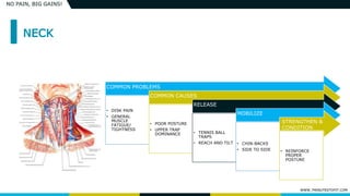 WWW.7MINUTESTOFIT.COM
NO PAIN, BIG GAINS!
COMMON PROBLEMS
• DISK PAIN
• GENERAL
MUSCLE
FATIGUE/
TIGHTNESS
COMMON CAUSES
• POOR POSTURE
• UPPER TRAP
DOMINANCE
RELEASE
• TENNIS BALL
TRAPS
• REACH AND TILT
MOBILIZE
• CHIN-BACKS
• SIDE TO SIDE • REINFORCE
PROPER
POSTURE
STRENGTHEN &
CONDITION
 
