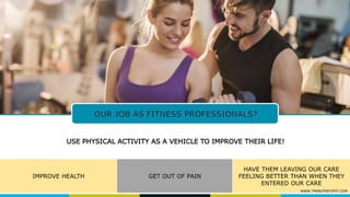 IMPROVE HEALTH GET OUT OF PAIN
HAVE THEM LEAVING OUR CARE
FEELING BETTER THAN WHEN THEY
ENTERED OUR CARE
WWW.7MINUTESTOFIT.COM
USE PHYSICAL ACTIVITY AS A VEHICLE TO IMPROVE THEIR LIFE!
 