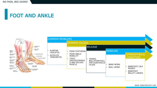 WWW.7MINUTESTOFIT.COM
NO PAIN, BIG GAINS!
COMMON PROBLEMS
• PLANTAR
FASCIITIS
• ACHILLES
TENDONITIS
COMMON CAUSES
• POOR FOOTWEAR
• POOR ANKLE
MOBILITY
• TIGHT
GASTROCNEMUE
S AND SOLUES
MUSCLE
RELEASE
• TENNIS
BALL/FOAM ROLL
FEET/GASTROC/S
OLUES
MOBILIZE
• BAND WORK
• WALL WORK • BAREFOOT CALF
RAISES
• BAREFOOT
BALLET LUNGES
STRENGTHEN &
CONDITION
 