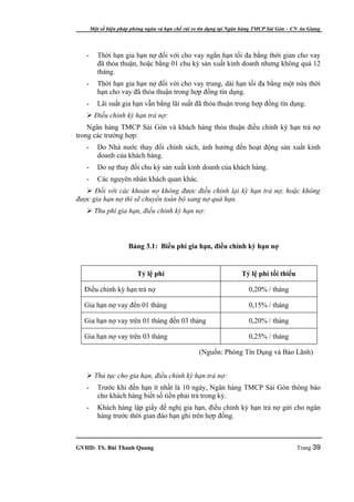 Một số biện pháp phòng ngừa và hạn chế rủi ro tín dụng tại Ngân hàng TMCP Sài Gòn – CN An Giang




   -      Thời hạn gia hạn nợ đối với cho vay ngắn hạn tối đa bằng thời gian cho vay
          đã thỏa thuận, hoặc bằng 01 chu kỳ sản xuất kinh doanh nhưng không quá 12
          tháng.
   -      Thời hạn gia hạn nợ đối với cho vay trung, dài hạn tối đa bằng một nửa thời
          hạn cho vay đã thỏa thuận trong hợp đồng tín dụng.
   -      Lãi suất gia hạn vẫn bằng lãi suất đã thỏa thuận trong hợp đồng tín dụng.
    Điều chỉnh kỳ hạn trả nợ:
    Ngân hàng TMCP Sài Gòn và khách hàng thỏa thuận điều chỉnh kỳ hạn trả nợ
trong các trường hợp:
   -      Do Nhà nước thay đổi chính sách, ảnh hưởng đến hoạt động sản xuất kinh
          doanh của khách hàng.
   -      Do sự thay đổi chu kỳ sản xuất kinh doanh của khách hàng.
   -      Các nguyên nhân khách quan khác.
    Đối với các khoản nợ không được điều chỉnh lại kỳ hạn trả nợ, hoặc không
được gia hạn nợ thì sẽ chuyển toàn bộ sang nợ quá hạn.
    Thu phí gia hạn, điều chỉnh kỳ hạn nợ:



                      Bảng 3.1: Biểu phí gia hạn, điều chỉnh kỳ hạn nợ


                          Tỷ lệ phí                                  Tỷ lệ phí tối thiểu

  Điều chỉnh kỳ hạn trả nợ                                              0,20% / tháng

  Gia hạn nợ vay đến 01 tháng                                           0,15% / tháng

  Gia hạn nợ vay trên 01 tháng đến 03 tháng                             0,20% / tháng

  Gia hạn nợ vay trên 03 tháng                                          0,25% / tháng

                                                    (Nguồn: Phòng Tín Dụng và Bảo Lãnh)


    Thủ tục cho gia hạn, điều chỉnh kỳ hạn trả nợ:
   -      Trước khi đến hạn ít nhất là 10 ngày, Ngân hàng TMCP Sài Gòn thông báo
          cho khách hàng biết số tiền phải trả trong kỳ.
   -      Khách hàng lập giấy đề nghị gia hạn, điều chỉnh kỳ hạn trả nợ gửi cho ngân
          hàng trước thời gian đáo hạn ghi trên hợp đồng.



GVHD: TS. Bùi Thanh Quang                                                                   Trang 39
 