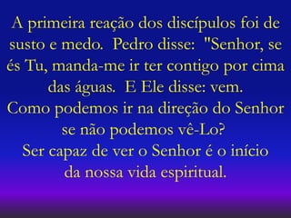 A primeira reação dos discípulos foi de
susto e medo. Pedro disse: "Senhor, se
és Tu, manda-me ir ter contigo por cima
das águas. E Ele disse: vem.
Como podemos ir na direção do Senhor
se não podemos vê-Lo?
Ser capaz de ver o Senhor é o início
da nossa vida espiritual.
 