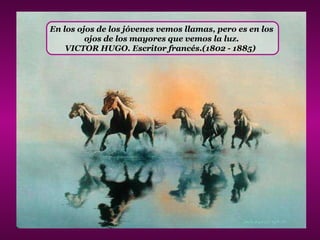 En los ojos de los jóvenes vemos llamas, pero es en los  ojos de los mayores que vemos la luz.  VICTOR HUGO. Escritor francés.(1802 - 1885)   