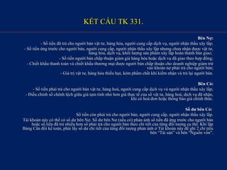 KẾT CẤU TK 331.KẾT CẤU TK 331.
Bên Nợ:Bên Nợ:
- Số tiền đã trả cho người bán vật tư, hàng hóa, người cung cấp dịch vụ, người nhận thầu xây lắp;- Số tiền đã trả cho người bán vật tư, hàng hóa, người cung cấp dịch vụ, người nhận thầu xây lắp;
- Số tiền ứng trước cho người bán, người cung cấp, người nhận thầu xây lắp nhưng chưa nhận được vật tư,- Số tiền ứng trước cho người bán, người cung cấp, người nhận thầu xây lắp nhưng chưa nhận được vật tư,
hàng hóa, dịch vụ, khối lượng sản phẩm xây lắp hoàn thành bàn giao;hàng hóa, dịch vụ, khối lượng sản phẩm xây lắp hoàn thành bàn giao;
- Số tiền người bán chấp thuận giảm giá hàng hóa hoặc dịch vụ đã giao theo hợp đồng;- Số tiền người bán chấp thuận giảm giá hàng hóa hoặc dịch vụ đã giao theo hợp đồng;
- Chiết khấu thanh toán và chiết khấu thương mại được người bán chấp thuận cho doanh nghiệp giảm trừ- Chiết khấu thanh toán và chiết khấu thương mại được người bán chấp thuận cho doanh nghiệp giảm trừ
vào khoản nợ phải trả cho người bán;vào khoản nợ phải trả cho người bán;
- Giá trị vật tư, hàng hóa thiếu hụt, kém phẩm chất khi kiểm nhận và trả lại người bán.- Giá trị vật tư, hàng hóa thiếu hụt, kém phẩm chất khi kiểm nhận và trả lại người bán.
Bên Có:Bên Có:
- Số tiền phải trả cho người bán vật tư, hàng hoá, người cung cấp dịch vụ và người nhận thầu xây lắp;- Số tiền phải trả cho người bán vật tư, hàng hoá, người cung cấp dịch vụ và người nhận thầu xây lắp;
- Điều chỉnh số chênh lệch giữa giá tạm tính nhỏ hơn giá thực tế của số vật tư, hàng hoá, dịch vụ đã nhận,- Điều chỉnh số chênh lệch giữa giá tạm tính nhỏ hơn giá thực tế của số vật tư, hàng hoá, dịch vụ đã nhận,
khi có hoá đơn hoặc thông báo giá chính thức.khi có hoá đơn hoặc thông báo giá chính thức.
Số dư bên Có:Số dư bên Có:
Số tiền còn phải trả cho người bán, người cung cấp, người nhận thầu xây lắp.Số tiền còn phải trả cho người bán, người cung cấp, người nhận thầu xây lắp.
Tài khoản này có thể có số dư bên Nợ. Số dư bên Nợ (nếu có) phản ánh số tiền đã ứng trước cho người bánTài khoản này có thể có số dư bên Nợ. Số dư bên Nợ (nếu có) phản ánh số tiền đã ứng trước cho người bán
hoặc số tiền đã trả nhiều hơn số phải trả cho người bán theo chi tiết của từng đối tượng cụ thể. Khi lậphoặc số tiền đã trả nhiều hơn số phải trả cho người bán theo chi tiết của từng đối tượng cụ thể. Khi lập
Bảng Cân đối kế toán, phải lấy số dư chi tiết của từng đối tượng phản ánh ở Tài khoản này để ghi 2 chỉ tiêuBảng Cân đối kế toán, phải lấy số dư chi tiết của từng đối tượng phản ánh ở Tài khoản này để ghi 2 chỉ tiêu
bên “Tài sản” và bên “Nguồn vốn”.bên “Tài sản” và bên “Nguồn vốn”.
 