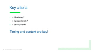 10 General Data Protection Regulation (GDPR)
Key criteria
• Is it legitimate?
• Is it proportionate?
• Is it transparent?
Timing and context are key!
 