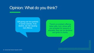 12 General Data Protection Regulation (GDPR)
Opinion: What do you think?
Gift-giving can be symbolic
in some cultures. If we
decline, we risk causing
real offence.
There’s no problem offering
token gifts. And, where gifts
are accepted for reasons of
etiquette, they can be declared
and given to charity.
 