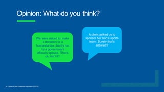 14 General Data Protection Regulation (GDPR)
Opinion: What do you think?
A client asked us to
sponsor her son’s sports
team. Surely that’s
allowed?
We were asked to make
a donation to a
humanitarian charity run
by a government
official’s spouse. That’s
ok, isn’t it?
 