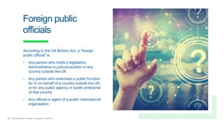 20 General Data Protection Regulation (GDPR)
Foreign public
officials
According to the UK Bribery Act, a "foreign
public official" is:
• Any person who holds a legislative,
administrative or judicial position in any
country outside the UK
• Any person who exercises a public function
for or on behalf of a country outside the UK,
or for any public agency or public enterprise
of that country
• Any official or agent of a public international
organisation
 