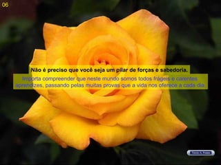Importa compreender que neste mundo somos todos frágeis e carentes  aprendizes, passando pelas muitas provas que a vida nos oferece a cada dia. Não é preciso que você seja um pilar de forças e sabedoria. 06 
