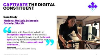 19
CAPTIVATE THE DIGITAL
CONSTITUENT
National Multiple Sclersosis
Society: Bike Ms
Jennifer Lee
EVP of Development, National MS Society
Partnering with Accenture to build an
exceptional experience for our cyclists
during the pandemic was one of the bright
spots during such an uncertain time. I am so
appreciative of their generosity and
innovation…
Case Study
Copyright © 2023 Accenture. All rights reserved.
 