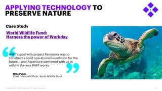 27
APPLYING TECHNOLOGY TO
PRESERVE NATURE
World Wildlife Fund:
Harness the power of Workday
Case Study
Mike Pejcic
Chief Financial Officer, World Wildlife Fund
WWF’s goal with project Panorama was to
construct a solid operational foundation for the
future... and Accenture partnered with us to
rethink the way WWF works.
Copyright © 2023 Accenture. All rights reserved.
 