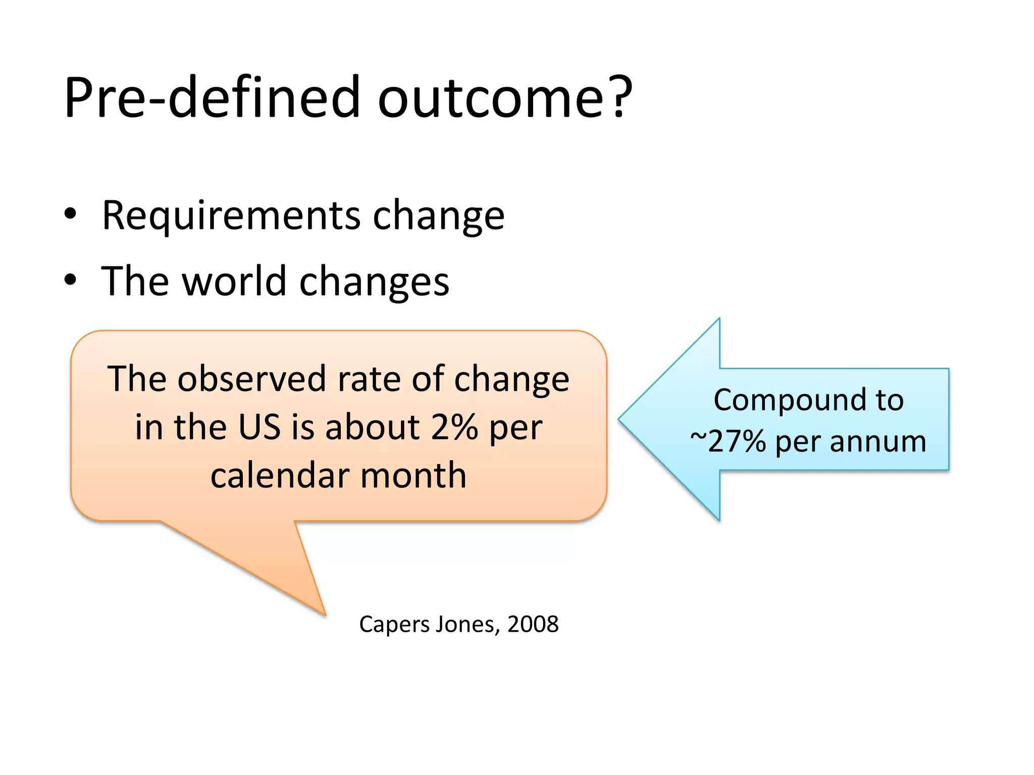 Pre-defined outcome?
• Requirements change
• The world changes
The observed rate of change
in the US is about 2% per
calendar month

Capers Jones, 2008

Compound to
~27% per annum

 