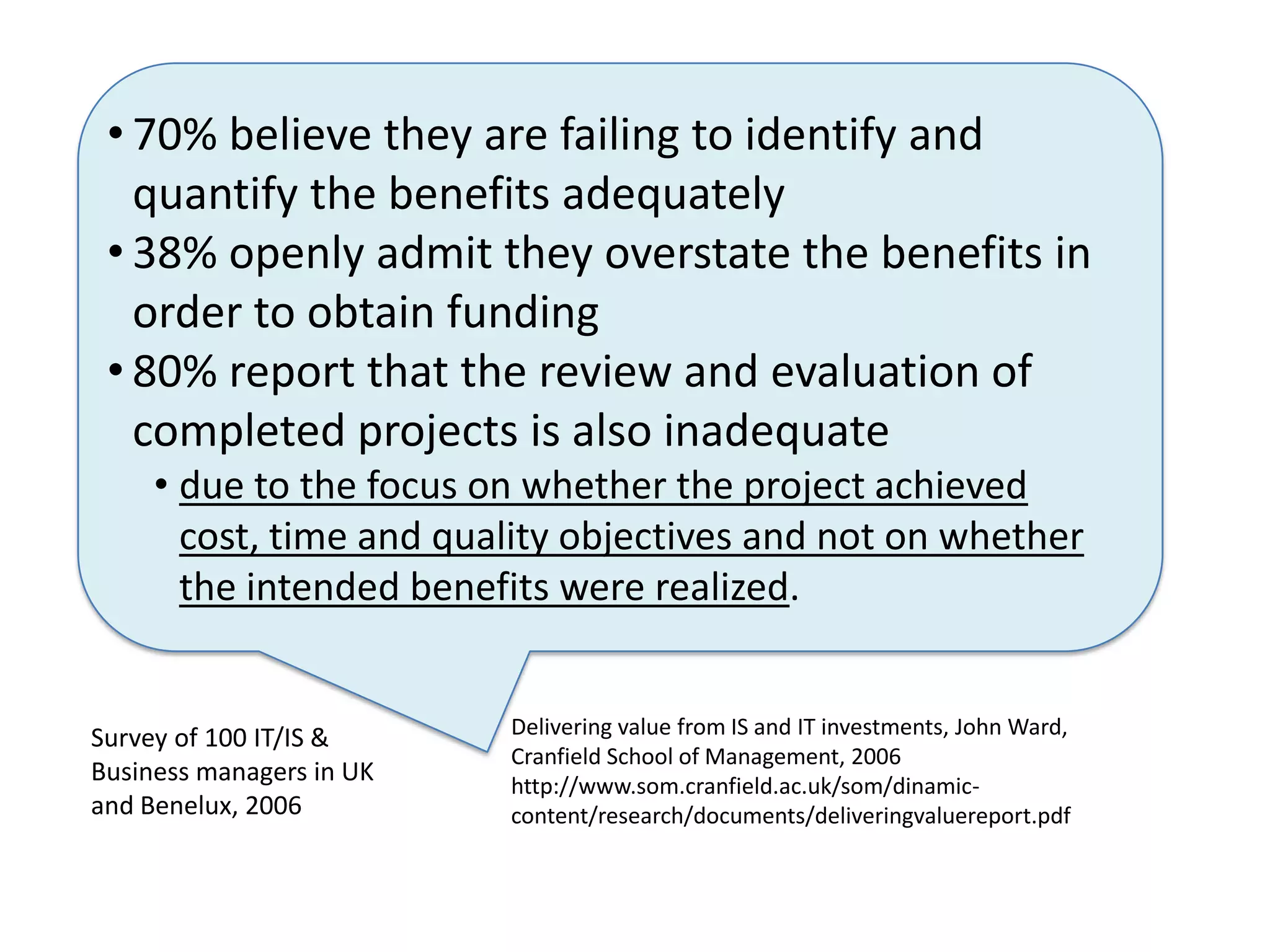 • 70% believe they are failing to identify and
quantify the benefits adequately
• 38% openly admit they overstate the benefits in
order to obtain funding
• 80% report that the review and evaluation of
completed projects is also inadequate
• due to the focus on whether the project achieved
cost, time and quality objectives and not on whether
the intended benefits were realized.

Survey of 100 IT/IS &
Business managers in UK
and Benelux, 2006

Delivering value from IS and IT investments, John Ward,
Cranfield School of Management, 2006
http://www.som.cranfield.ac.uk/som/dinamiccontent/research/documents/deliveringvaluereport.pdf

 
