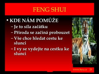 FENG SHUI
• KDE NÁM POMŮŽE
          – Je to síla začátku
          – Příroda se začíná probouzet
          – Vše chce hledat cestu ke
            slunci
          – I vy se vydejte na cestku ke
            slunci

Vytvořil Jiří Černák. Chráněno zákonem, všechna práva vyhrazena, zákaz pořizování kopíí a šíření autorského díla i jeho částí, zákaz plagiátorství.

                                                                                                                                                      www.byu.cz   25
 