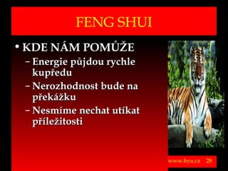 FENG SHUI
• KDE NÁM POMŮŽE
          – Energie půjdou rychle
            kupředu
          – Nerozhodnost bude na
            překážku
          – Nesmíme nechat utíkat
            příležitosti


Vytvořil Jiří Černák. Chráněno zákonem, všechna práva vyhrazena, zákaz pořizování kopíí a šíření autorského díla i jeho částí, zákaz plagiátorství.

                                                                                                                                                      www.byu.cz   28
 