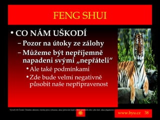 FENG SHUI
• CO NÁM UŠKODÍ
          – Pozor na útoky ze zálohy
          – Můžeme být nepříjemně
            napadeni svými „nepřáteli“
                      • Ale také podmínkami
                      • Zde bude velmi negativně
                        působit naše nepřipravenost


Vytvořil Jiří Černák. Chráněno zákonem, všechna práva vyhrazena, zákaz pořizování kopíí a šíření autorského díla i jeho částí, zákaz plagiátorství.

                                                                                                                                                      www.byu.cz   38
 