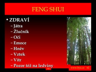 FENG SHUI
• ZDRAVÍ
          – Játra
          – Žlučník
          – Oči
          – Emoce
          – Hněv
          – Vztek
          – Vítr
          – Pozor též na ledviny
Vytvořil Jiří Černák. Chráněno zákonem, všechna práva vyhrazena, zákaz pořizování kopíí a šíření autorského díla i jeho částí, zákaz plagiátorství.

                                                                                                                                                      www.byu.cz   62
 