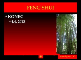 FENG SHUI
• KONEC
          – 4.4. 2013




Vytvořil Jiří Černák. Chráněno zákonem, všechna práva vyhrazena, zákaz pořizování kopíí a šíření autorského díla i jeho částí, zákaz plagiátorství.

                                                                                                                                                      www.byu.cz   63
 
