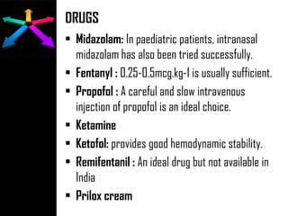 DRUGS
• Midazolam: In paediatric patients, intranasal
midazolam has also been tried successfully.
• Fentanyl : 0.25-0.5mcg.kg-1 is usually sufficient.
• Propofol : A careful and slow intravenous
injection of propofol is an ideal choice.
• Ketamine
• Ketofol: provides good hemodynamic stability.
• Remifentanil : An ideal drug but not available in
India
• Prilox cream
 