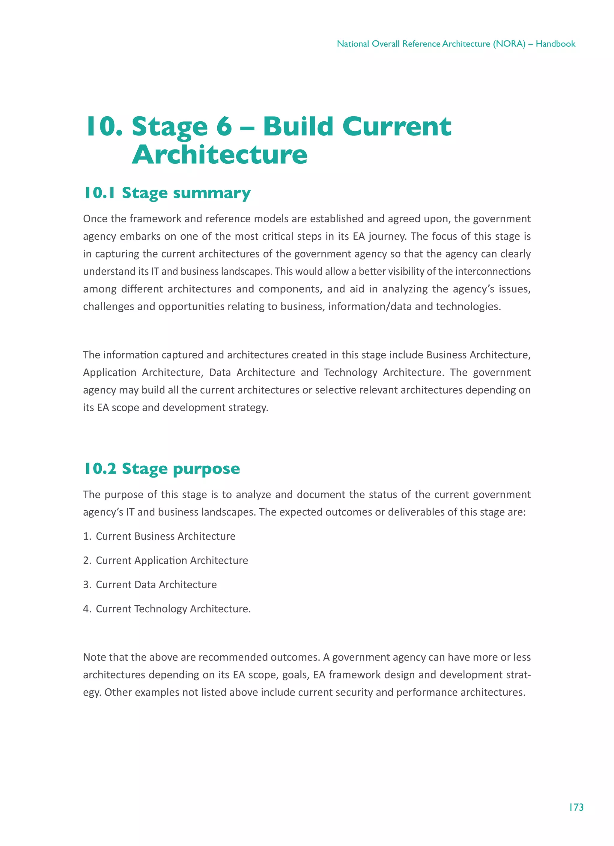 173
National Overall Reference Architecture (NORA) – Handbook
10. Stage 6 – Build Current
Architecture
10.1 Stage summary
Once the framework and reference models are established and agreed upon, the government
agency embarks on one of the most critical steps in its EA journey. The focus of this stage is
in capturing the current architectures of the government agency so that the agency can clearly
understand its IT and business landscapes. This would allow a better visibility of the interconnections
among different architectures and components, and aid in analyzing the agency’s issues,
challenges and opportunities relating to business, information/data and technologies.
The information captured and architectures created in this stage include Business Architecture,
Application Architecture, Data Architecture and Technology Architecture. The government
agency may build all the current architectures or selective relevant architectures depending on
its EA scope and development strategy.
10.2 Stage purpose
The purpose of this stage is to analyze and document the status of the current government
agency’s IT and business landscapes. The expected outcomes or deliverables of this stage are:
1.	Current Business Architecture
2.	Current Application Architecture
3.	Current Data Architecture
4.	Current Technology Architecture.
Note that the above are recommended outcomes. A government agency can have more or less
architectures depending on its EA scope, goals, EA framework design and development strat-
egy. Other examples not listed above include current security and performance architectures.
 