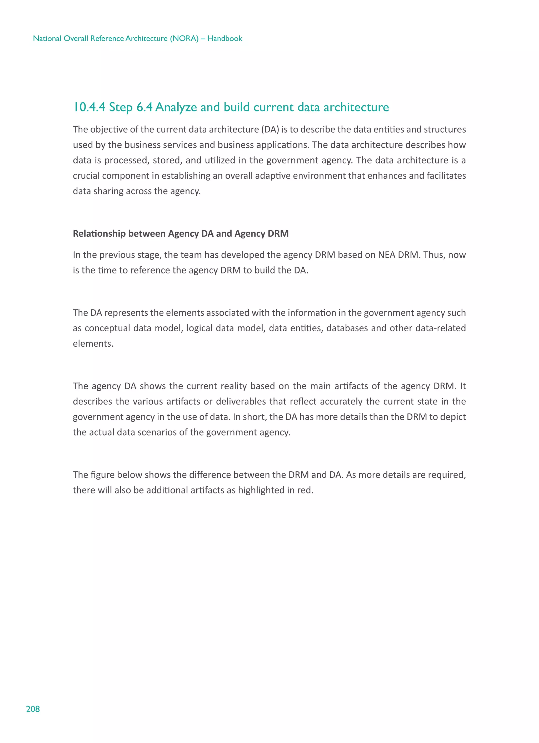 208
National Overall Reference Architecture (NORA) – Handbook
10.4.4 Step 6.4 Analyze and build current data architecture
The objective of the current data architecture (DA) is to describe the data entities and structures
used by the business services and business applications. The data architecture describes how
data is processed, stored, and utilized in the government agency. The data architecture is a
crucial component in establishing an overall adaptive environment that enhances and facilitates
data sharing across the agency.
Relationship between Agency DA and Agency DRM
In the previous stage, the team has developed the agency DRM based on NEA DRM. Thus, now
is the time to reference the agency DRM to build the DA.
The DA represents the elements associated with the information in the government agency such
as conceptual data model, logical data model, data entities, databases and other data-related
elements.
The agency DA shows the current reality based on the main artifacts of the agency DRM. It
describes the various artifacts or deliverables that reflect accurately the current state in the
government agency in the use of data. In short, the DA has more details than the DRM to depict
the actual data scenarios of the government agency.
The figure below shows the difference between the DRM and DA. As more details are required,
there will also be additional artifacts as highlighted in red.
 
